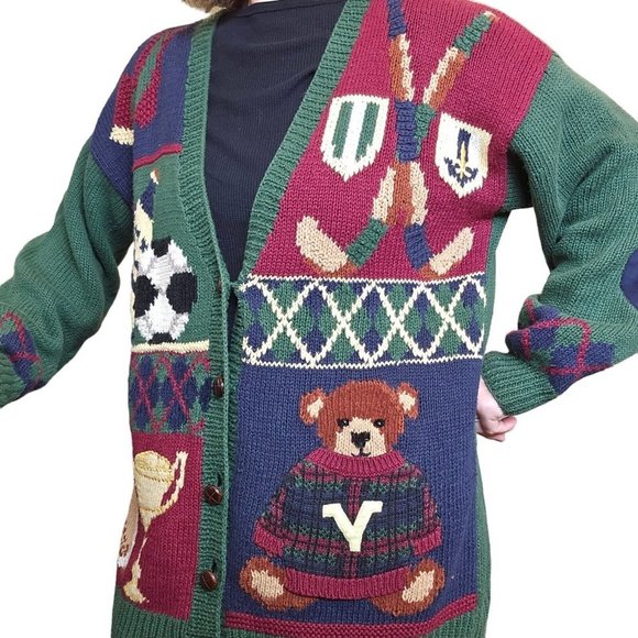 90s Teddy Bear Cardigan Sweater Sports M/L Handknit Football Soccer Cheerleader - Picture 2 of 11